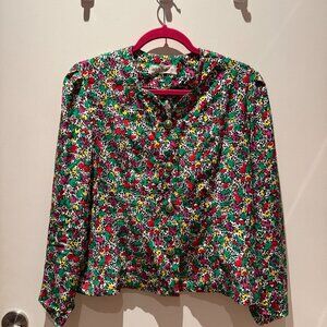 Vintage Floral Patterned Long-sleeve Blouse/Jacket with Buttons, Size M/L